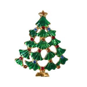 1990s Green Enamel Gold Plate Jewel Tone Rhinestones Christmas Tree Pin Brooch